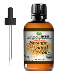 Mayan's Secret sesame oil in amber bottle with dropper preserves freshness and eases application.