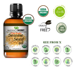 Mayan's Secret sesame oil nourishes hair and scalp, adding shine and softness.
