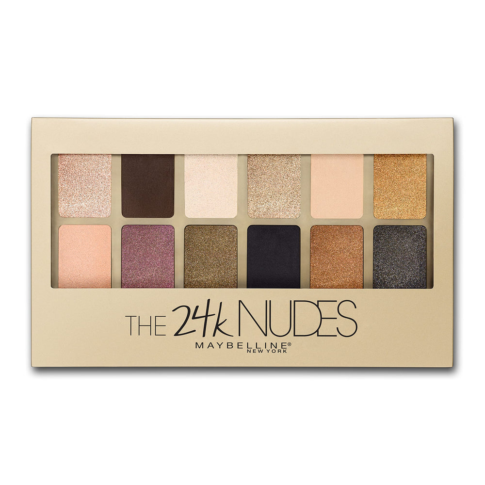 Maybelline 24K Nudes palette open with gold-toned shades for glamorous eye looks