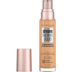 Maybelline Dream Radiant Foundation cashew bottle shows lightweight medium coverage for everyday wear.