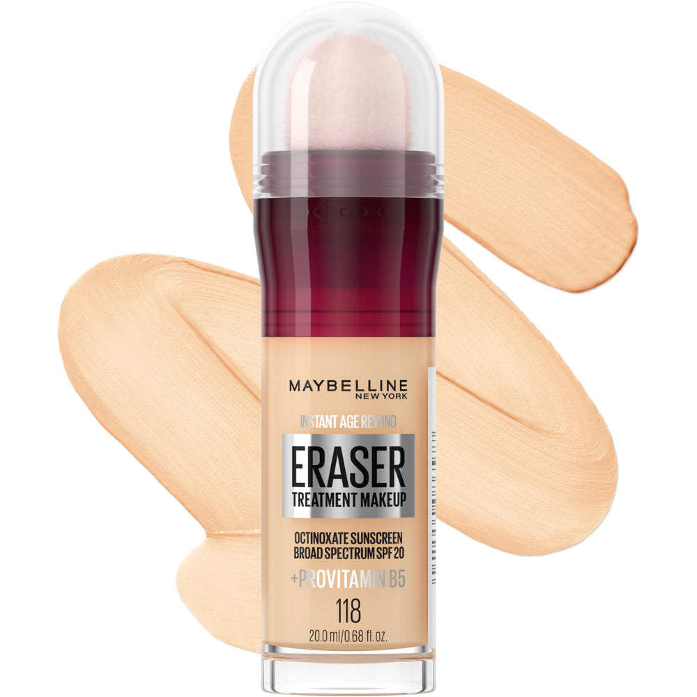 Maybelline Instant Age Rewind Eraser Foundation packaging on shelf with SPF 20 protection