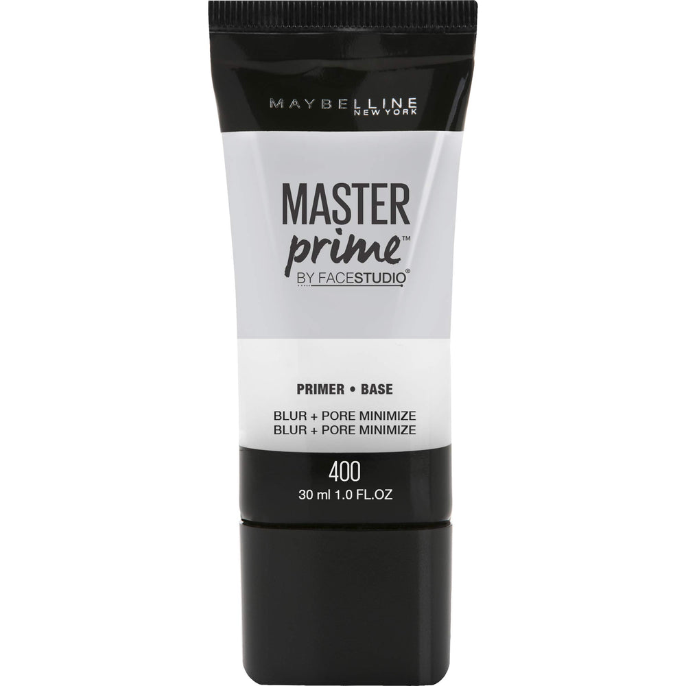 Maybelline Master Prime Blur bottle pour showing lightweight formula for smooth makeup prep.