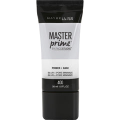 Maybelline Master Prime Blur bottle pour showing lightweight formula for smooth makeup prep.