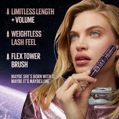 Maybelline Sky High waterproof mascara wand close-up highlights waterproof performance on curled lashes