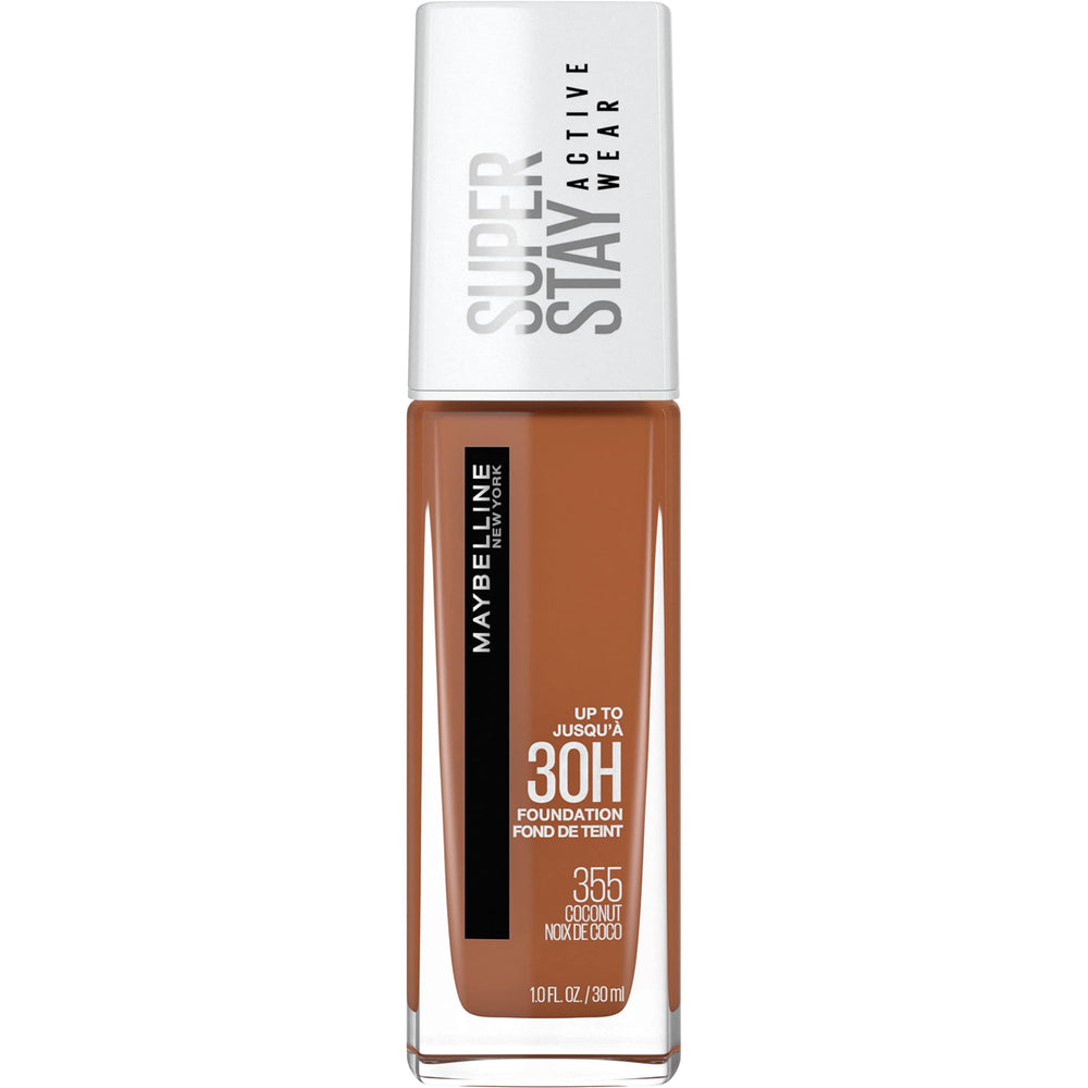 Maybelline Super Stay foundation bottle shows long-wear, full-coverage formula for all-day use.