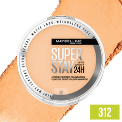 Maybelline Super Stay Hybrid Powder Foundation brush stroke demonstrates seamless blending and a patch-free finish.