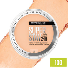 Maybelline Super Stay Hybrid Foundation shade range swatch highlights 16 shades.