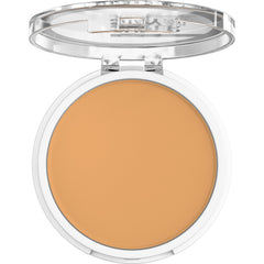 Maybelline Super Stay Hybrid Powder Foundation swatch highlights medium-to-full matte coverage