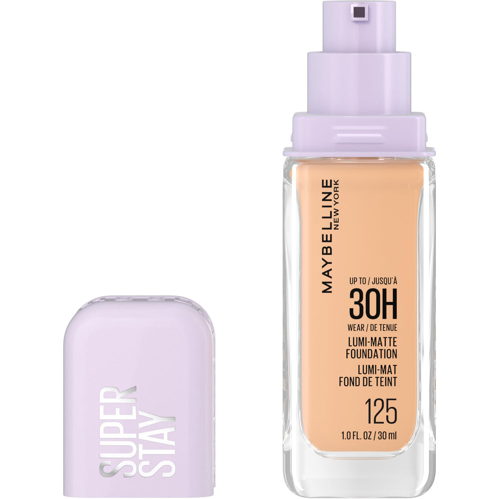 Maybelline Super Stay Lumi-Matte Foundation bottle closeup shows luminous matte finish for all-day wear