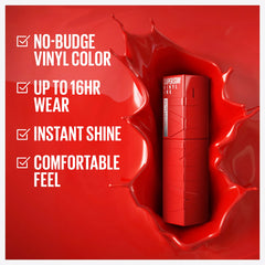 Maybelline Super Stay Vinyl Ink applicator closeup for precise lip application.