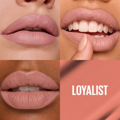 Maybelline Super Stay Matte Ink Loyalist lip application on lips shows smooth, even coverage.