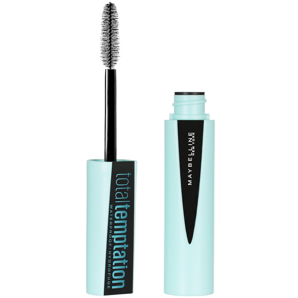 Maybelline Total Temptation Waterproof Mascara bottle close-up highlighting creamy volumizing formula.
