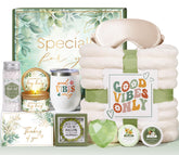 MAYICIVO relaxing spa gift basket highlights a plush throw blanket for cozy relaxation.