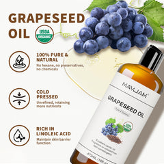 MAYJAM grapeseed oil pour spout close up, hexane free and cold pressed benefits