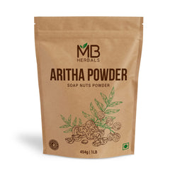 MB Herbals Aritha powder packaging shows a pure natural cleanser for daily hair care.