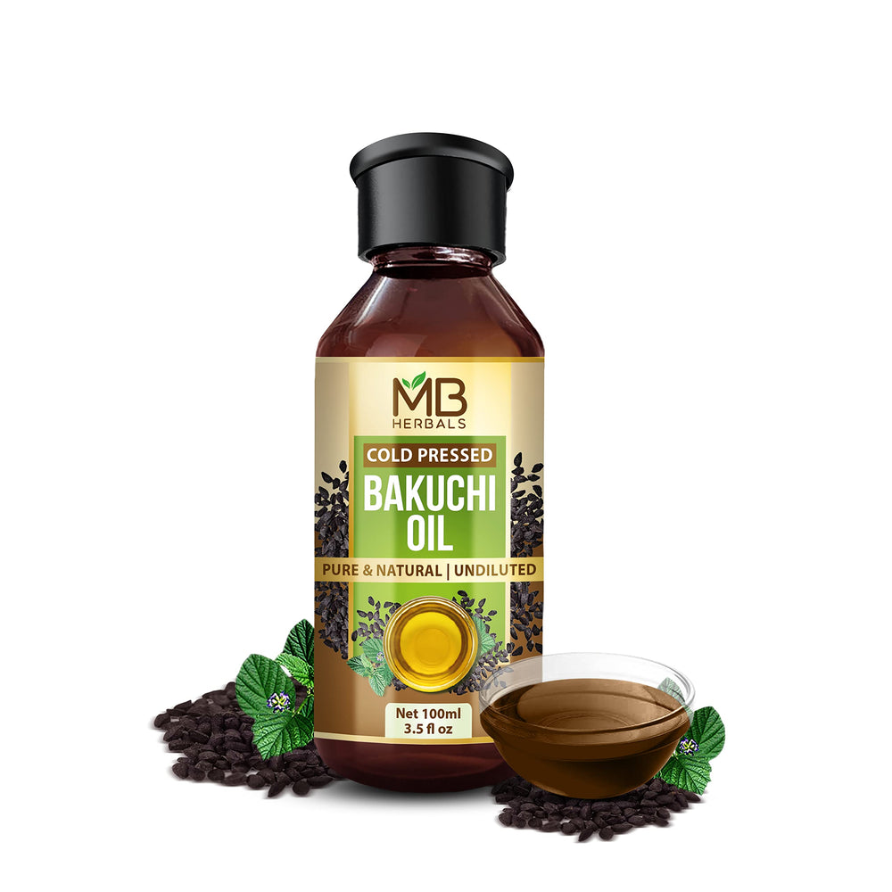 MB Herbals Bakuchi Oil bottle shows pure oil for external skin and hair care