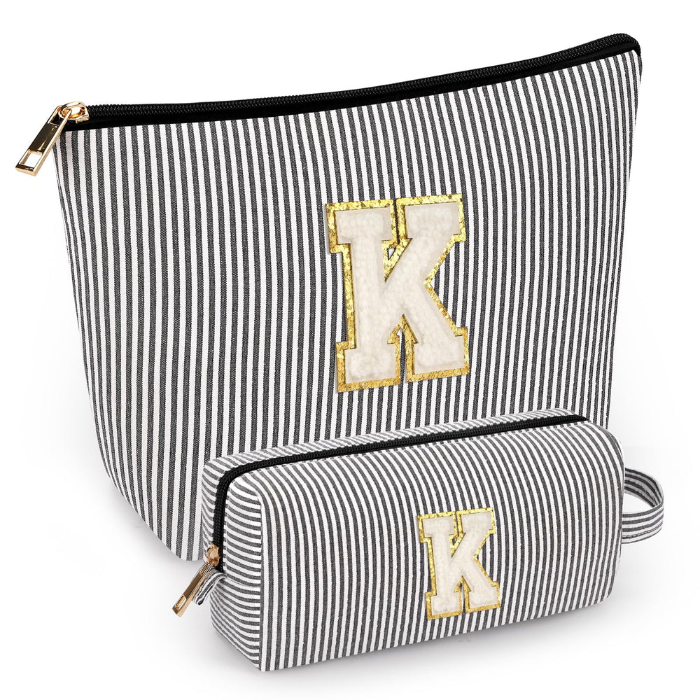 Mibasies initial makeup bag in black K, front view, portable travel case