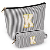 Mibasies initial makeup bag in black K, front view, portable travel case