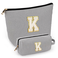 Mibasies initial makeup bag in black K, front view, portable travel case