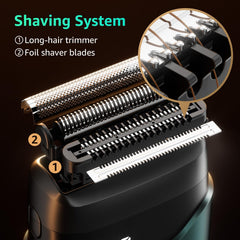 Mbzoey Emerald Green shaver head close-up on precision blades and foil