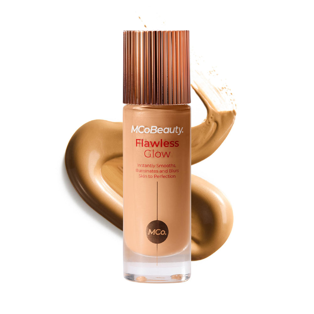 MCoBeauty Flawless Glow bottle shows luminous filter for dewy radiance