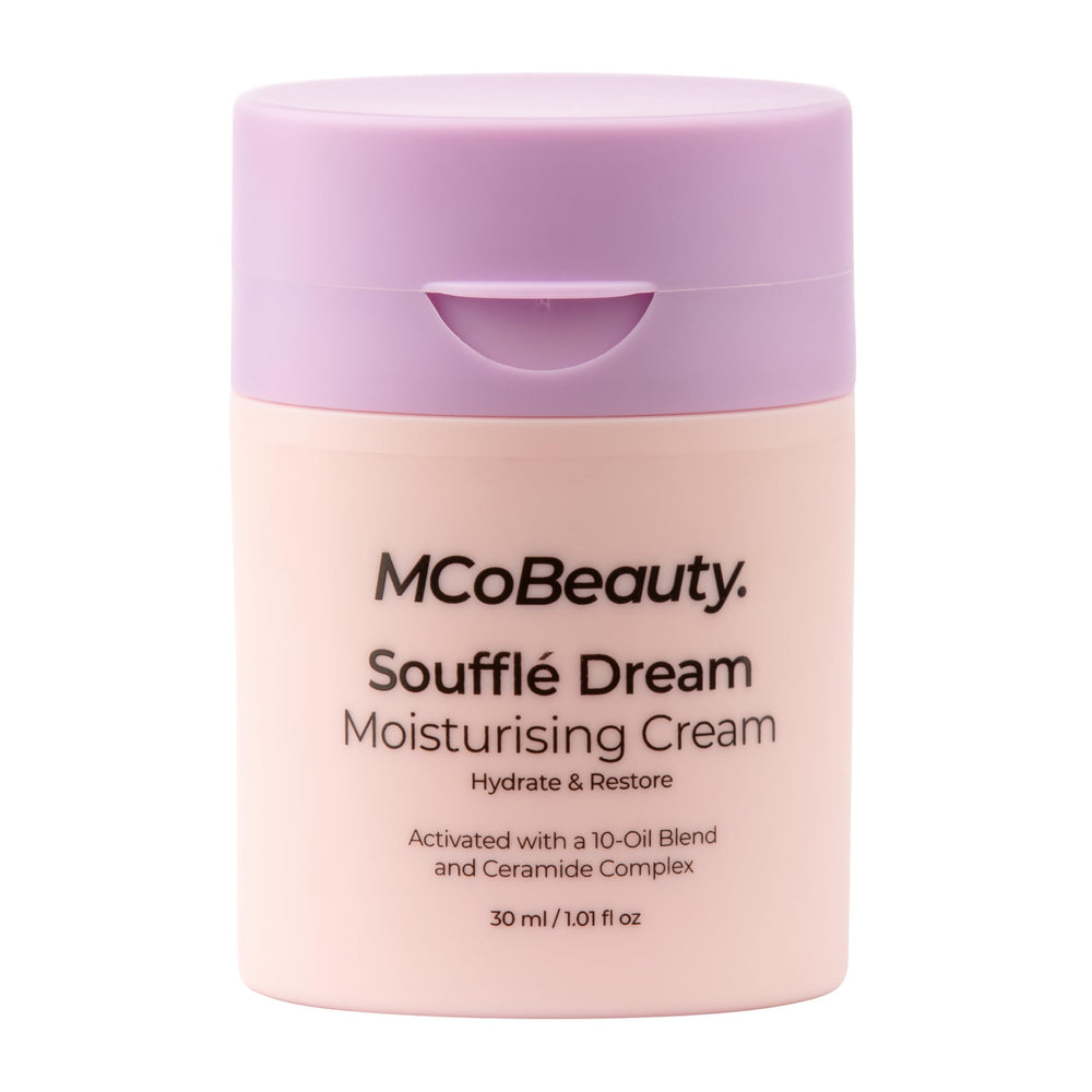 MCoBeauty Soufflé Dream moisturizer bottle shows lightweight daily hydration