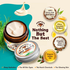 Meadow Bliss beef tallow skin cream ingredients panel featuring jojoba and shea