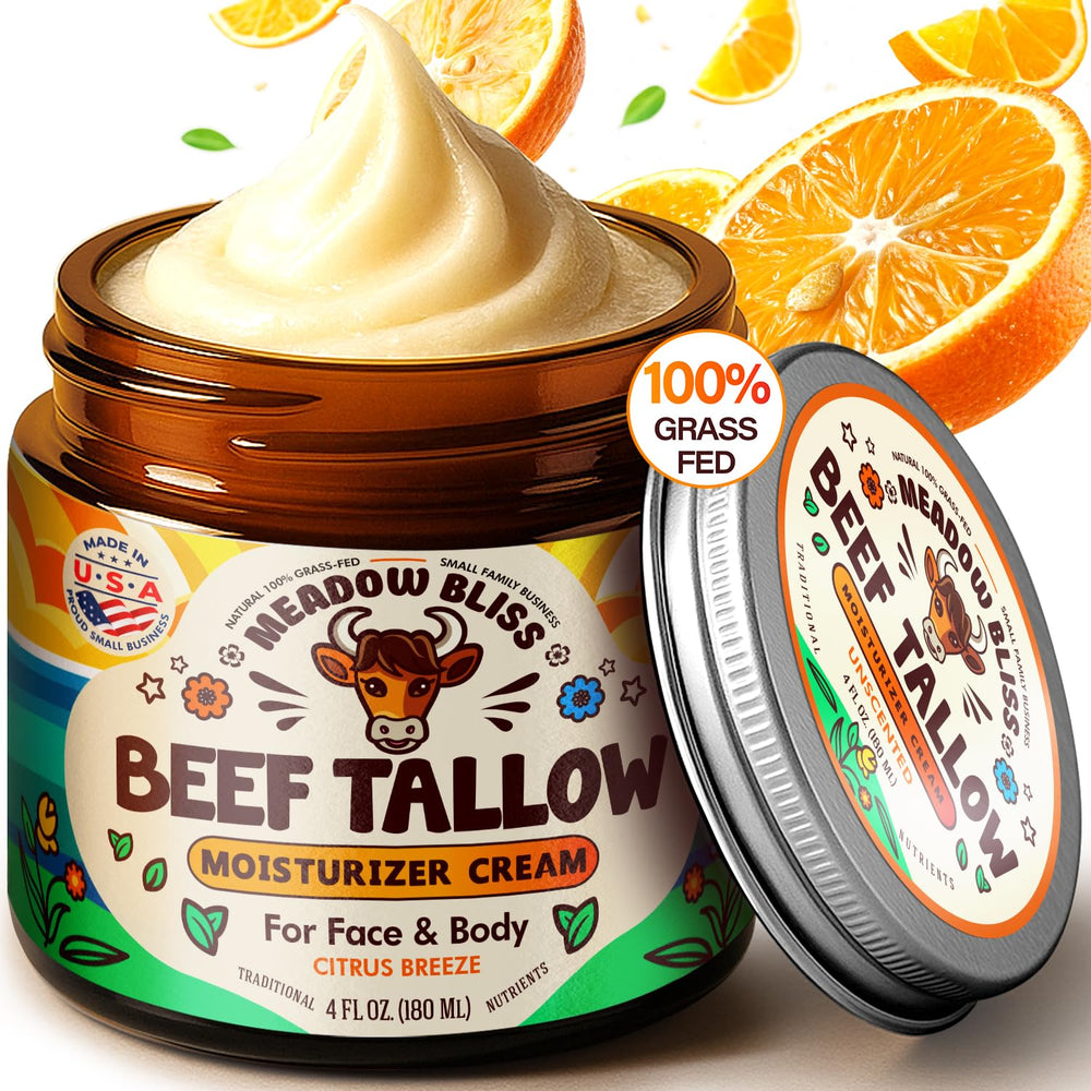 Meadow Bliss beef tallow skin cream jar closeup showing whipped hydration