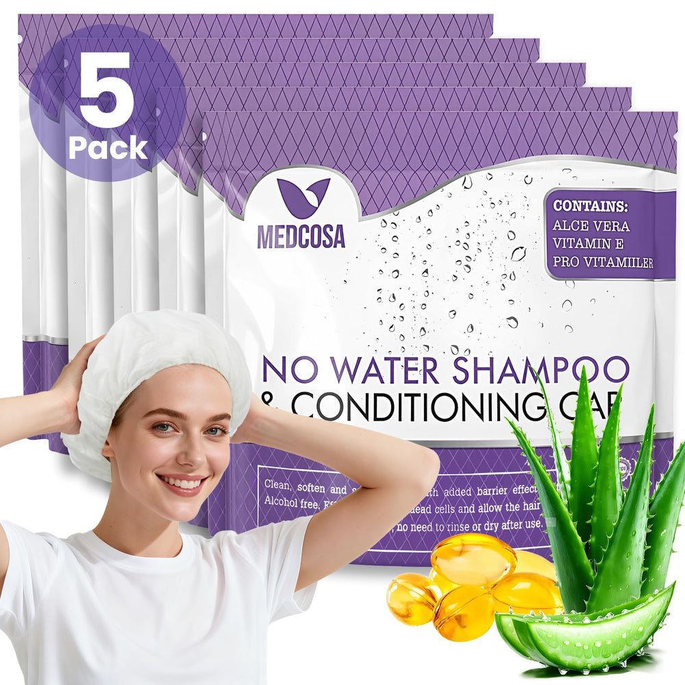 Medcosa Shampoo Caps No Rinse packaging on display for convenient in-home care.