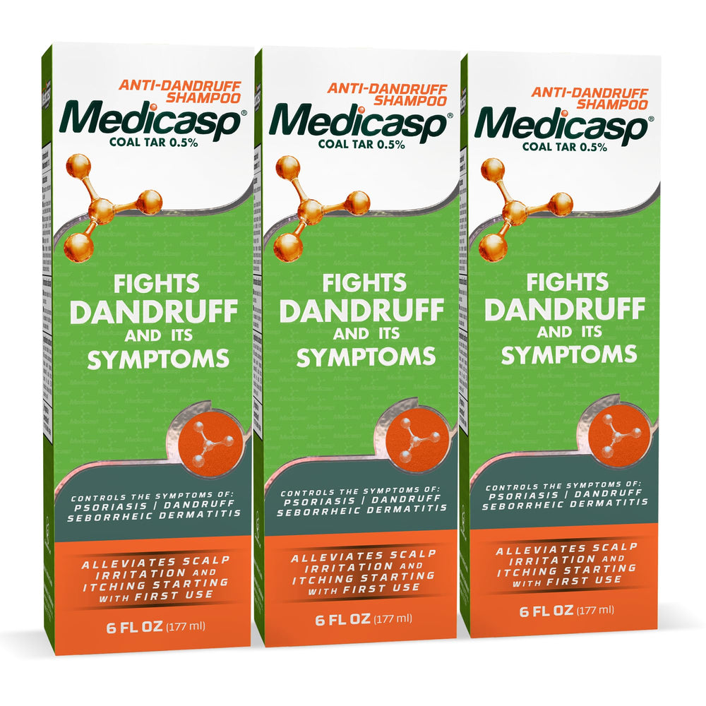 Medicasp coal tar anti-dandruff shampoo bottle front shows a trusted scalp-care solution for dandruff relief from the first wash.