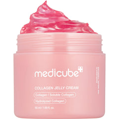 Medicube Collagen Jelly Cream jar closeup showing translucent texture for hydration.