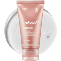 Medicube Collagen Night Wrapping Mask jar close-up highlighting elasticity protection.