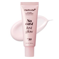 medicube No Cast Just Glow bottle closeup shows hydrating SPF 50 protection for everyday use