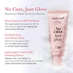 medicube No Cast Just Glow SPF50 label on tube highlights sun protection benefits