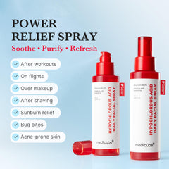 Medicube Power Soothing Spray HOCl close-up highlights soothing, purifying benefits.