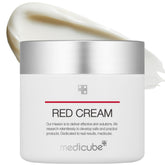 Medicube Red Cream 2.0 bottle close-up highlighting soothing, low-irritation formula for sensitive skin.
