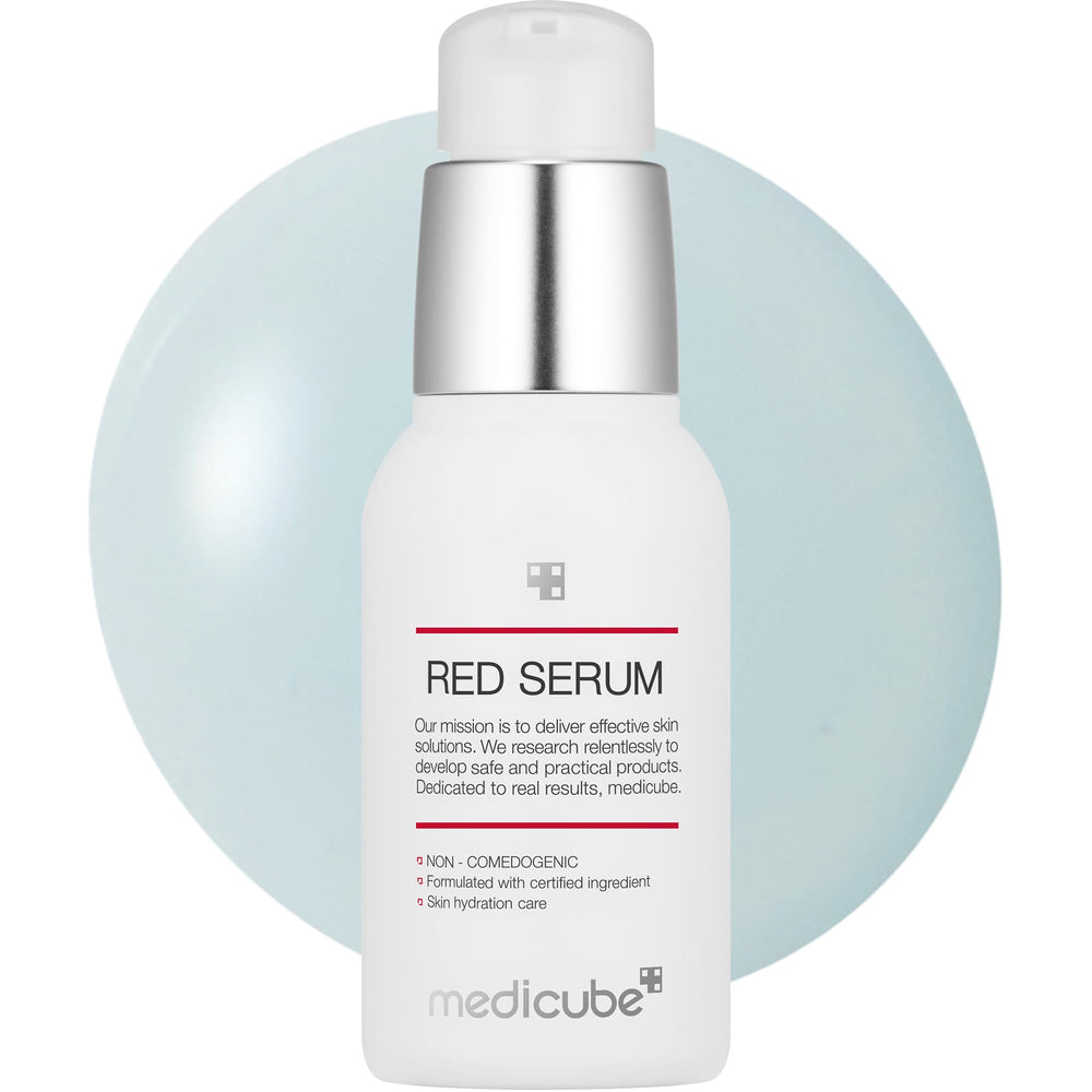Medicube Red Serum 2.0 bottle close-up showing sleek packaging and soothing formula