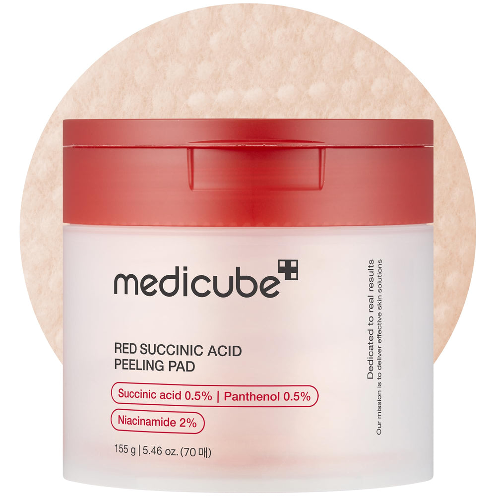 Medicube Red Succinic Panthenol Pad packaging highlights acne-fighting exfoliation.