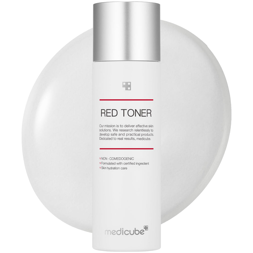 Medicube Red Toner 2.0 bottle front emphasizing calm, clear skin with gentle effectiveness