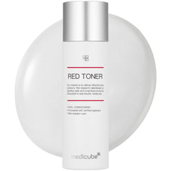 Medicube Red Toner 2.0 bottle front emphasizing calm, clear skin with gentle effectiveness