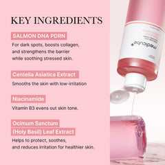 Medicube Salmon DNA PDRN Pink CICA Toner label close-up highlights Niacinamide for even tone