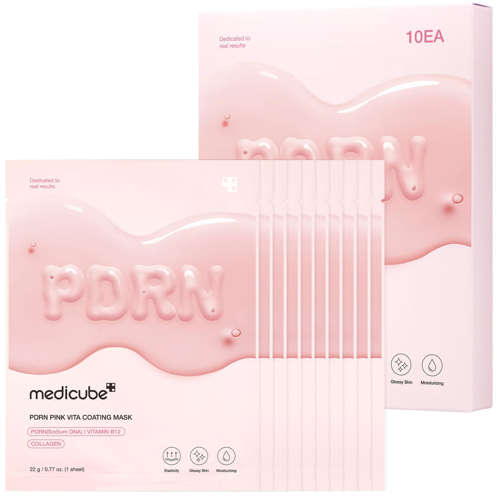 Medicube Salmon DNA PDRN pink coating sheet mask packaging signals premium at-home hydration.