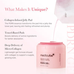 medicube Salmon DNA PDRN Pink Collagen Jelly Pad pads on face indicate targeted tone refinement.