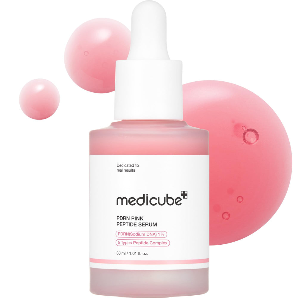 Medicube Salmon DNA PDRN Pink Peptide Serum bottle showcases glow potential for radiant skin.