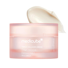 medicube Triple Collagen Cream jar closeup showing rich hydration for firmer skin.