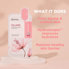 Mediheal collagen sheet mask closeup shows a gentle vegan formula for hydration.