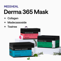Mediheal Derma 365 sheet mask closeup shows collagen-active formula for nourishment.
