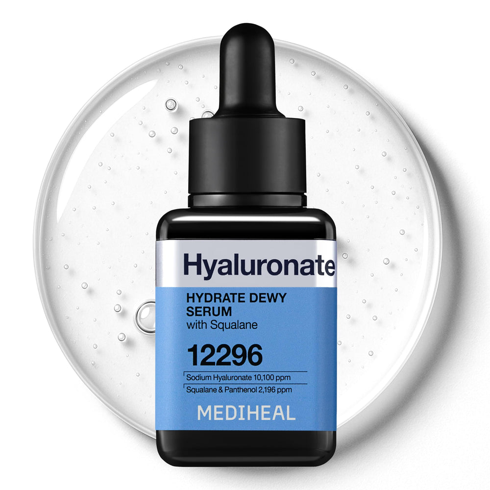 Mediheal Hyaluronate Hydrate Serum bottle closeup shows premium packaging and moisture