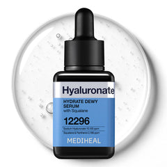 Mediheal Hyaluronate Hydrate Serum bottle closeup shows premium packaging and moisture