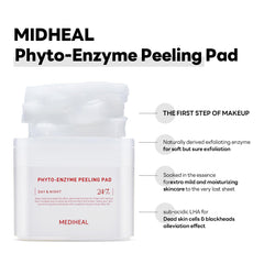 Mediheal Phyto Enzyme Peeling Pad bottle view highlights vegan formula with papaya enzymes and LHA.